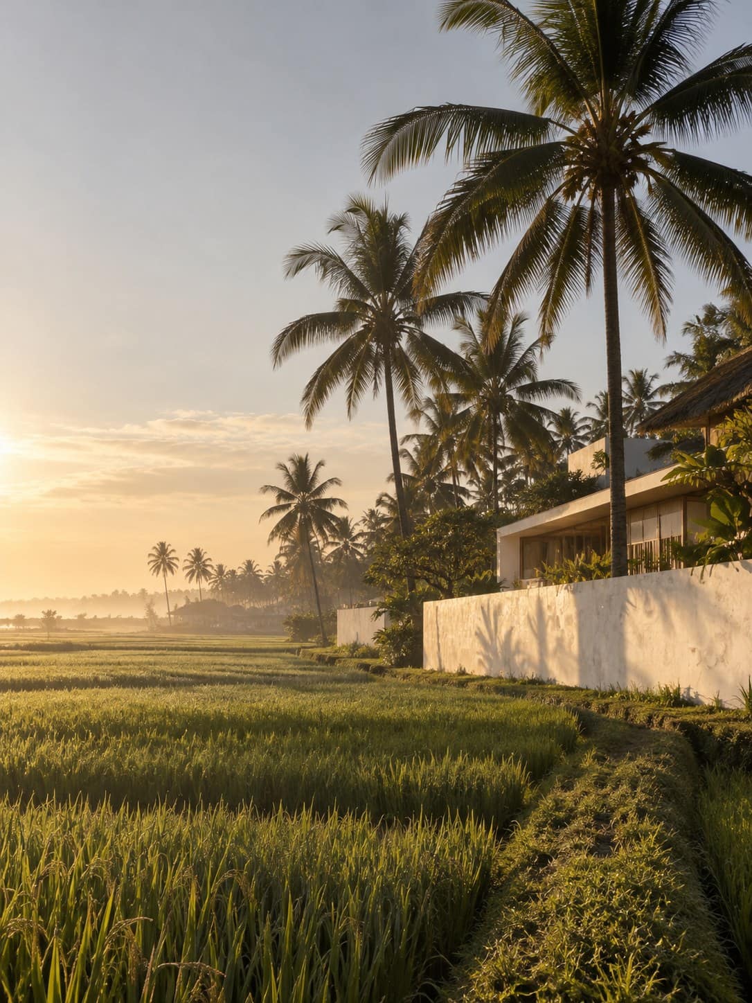 Rice paddies and coconut palms in Canggu in the early morning