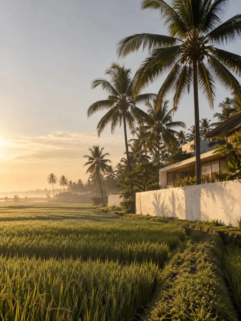 Rice paddies and coconut palms in Canggu in the early morning