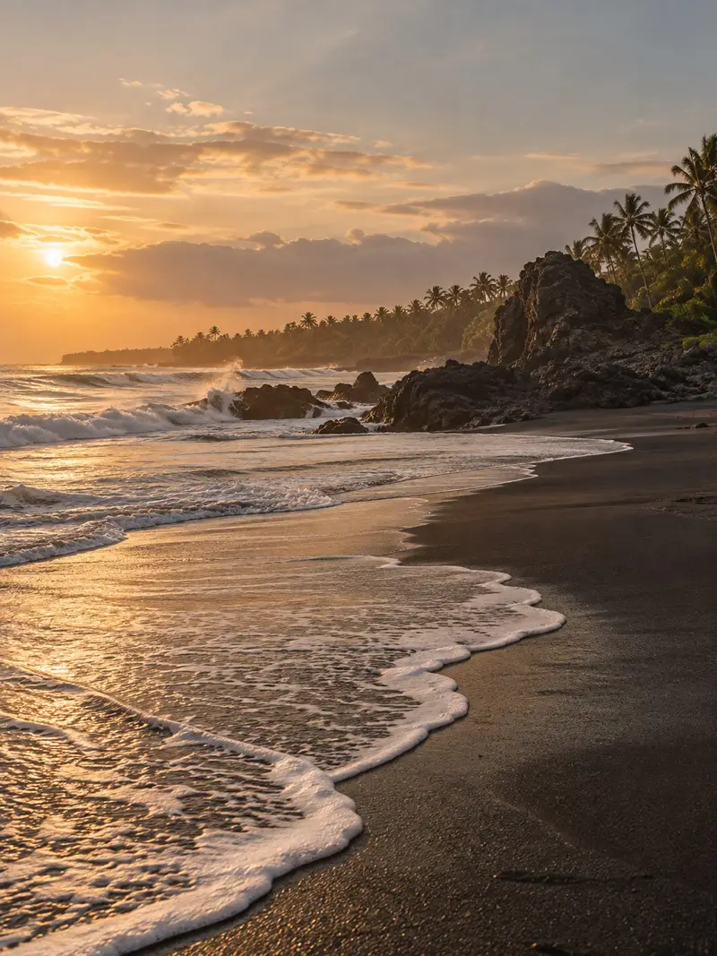 An empty black-sand beach in Tabanan
