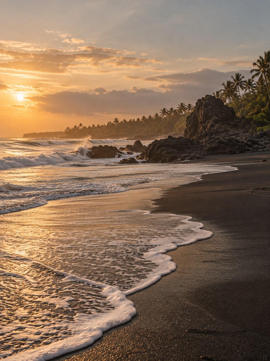 An empty black-sand beach in Tabanan