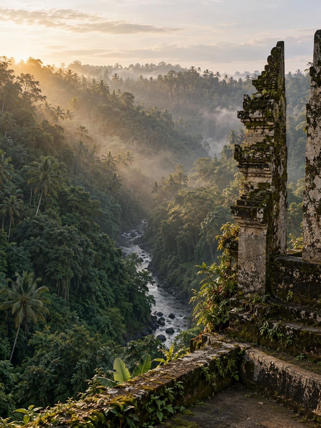 A jungle ravine in Ubud with a moss-covered stone gate