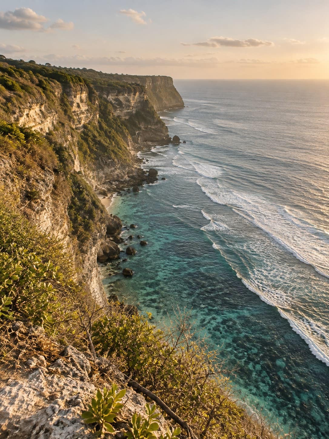 Limestone cliffs dropping into turquoise water at Uluwatu
