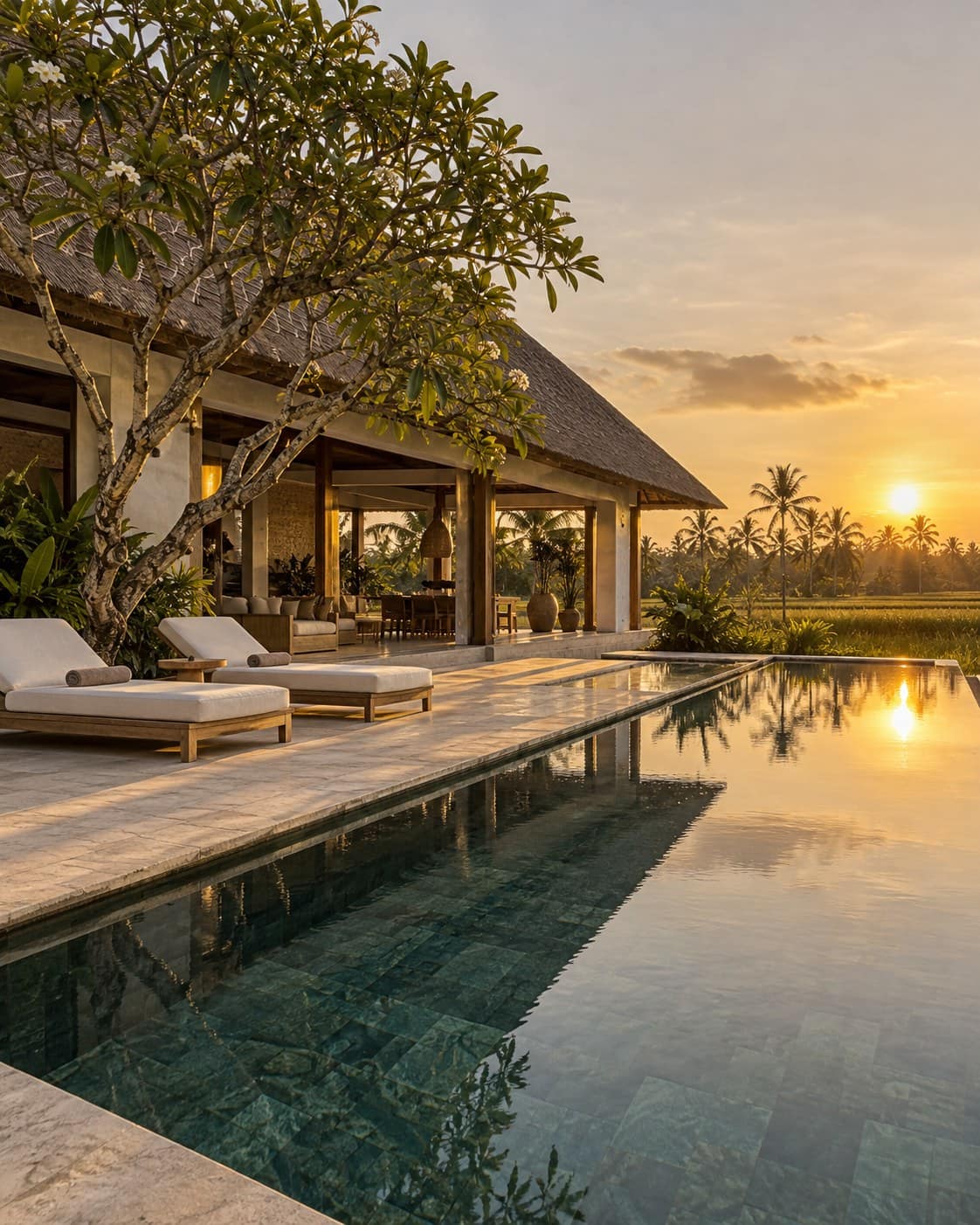 A long villa pool in Canggu at golden hour, with a teak and thatched pavilion, frangipani and rice fields beyond