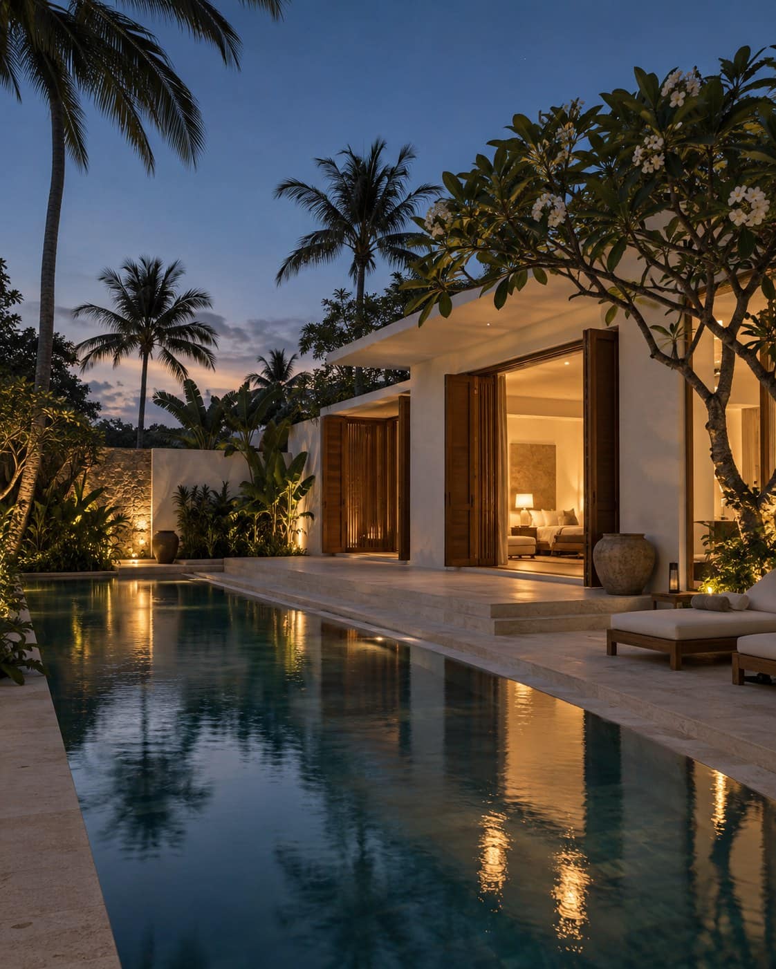 A private Bali villa at dusk, with warm light in tall open doors and a long pool in the foreground
