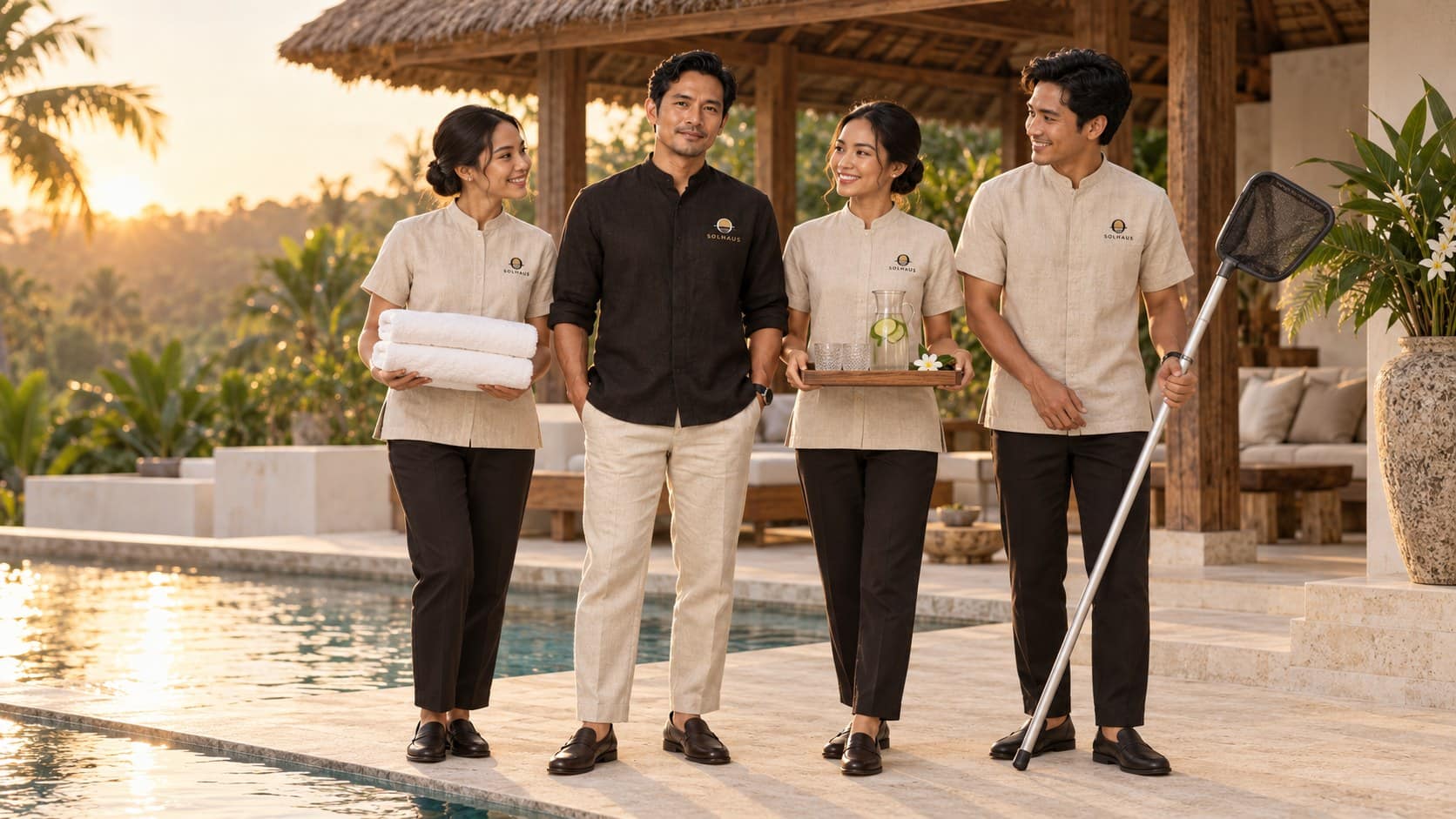 A Solhaus house manager in a black bronze overshirt stands with three house team members in travertine linen uniforms on a villa pool deck at golden hour.