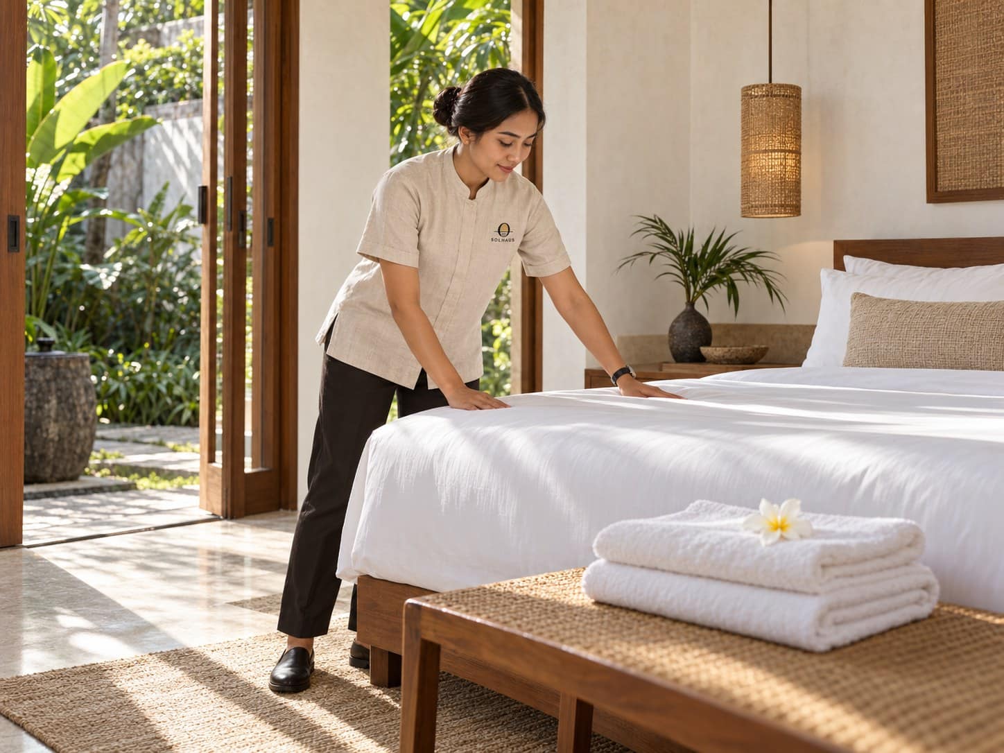A Solhaus house team member in the travertine linen uniform smooths crisp white linen on a king bed.