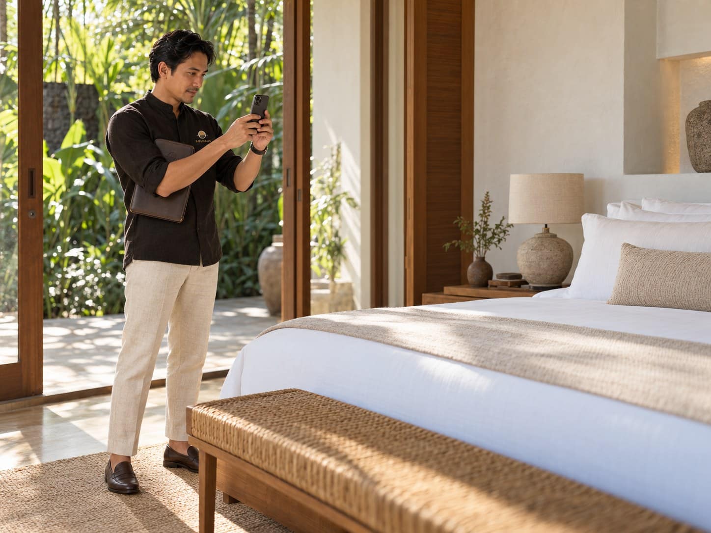 A Solhaus house manager in the black bronze overshirt photographs a freshly made bedroom with a phone.