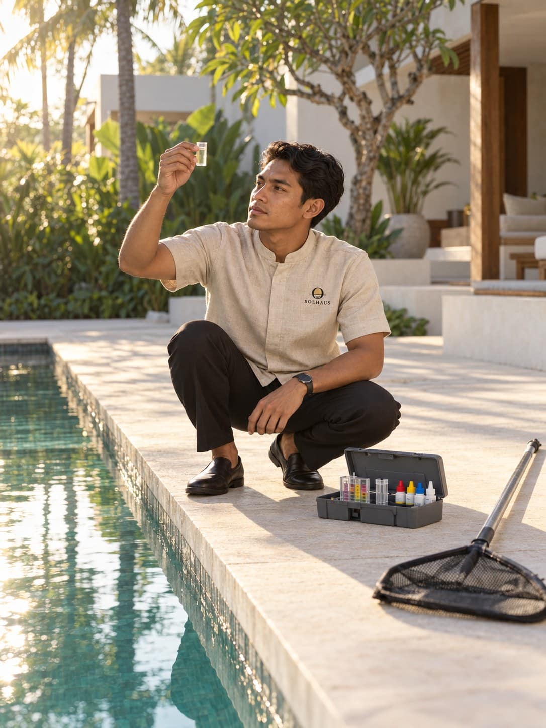 A Solhaus house team member in the travertine linen uniform crouches at the pool edge and reads a water-test vial.