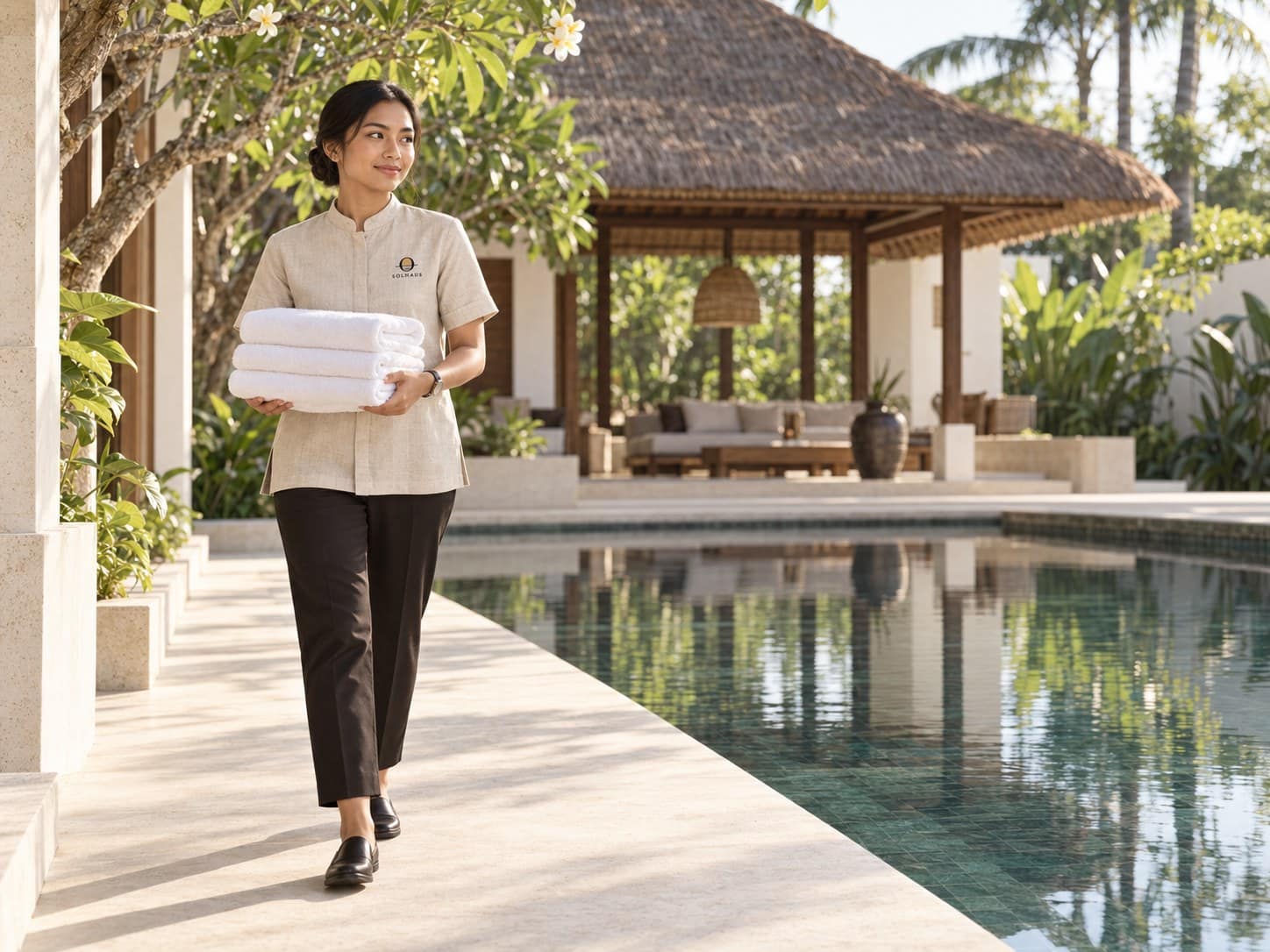A Solhaus house team member in the travertine linen uniform carries folded white towels along a villa pool deck.
