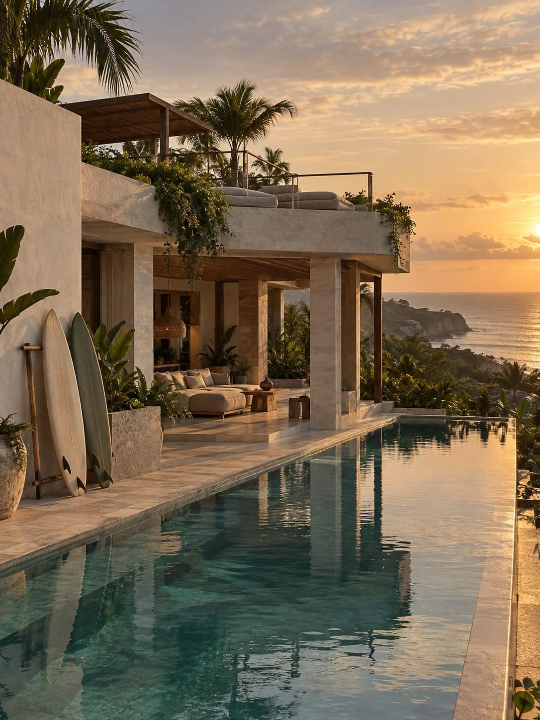 Bukit Moon: a limestone villa with a pool, a rooftop terrace and surfboards on a rack