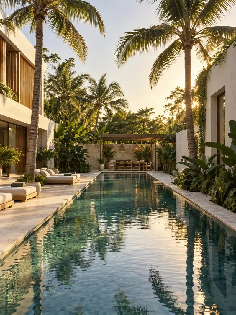 Villa Kelapa: white plaster and teak volumes around an 18 metre pool with coconut palms