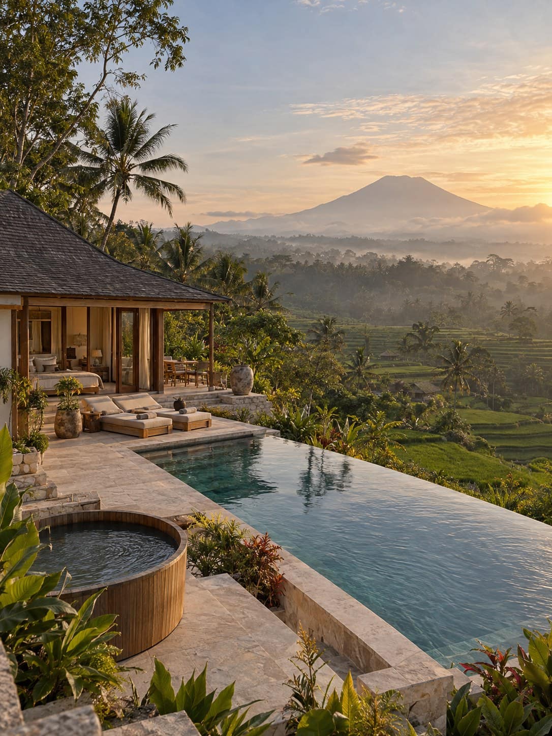 Omah Sidemen: a pool and wood-fired hot tub above terraced rice fields with Mount Agung beyond