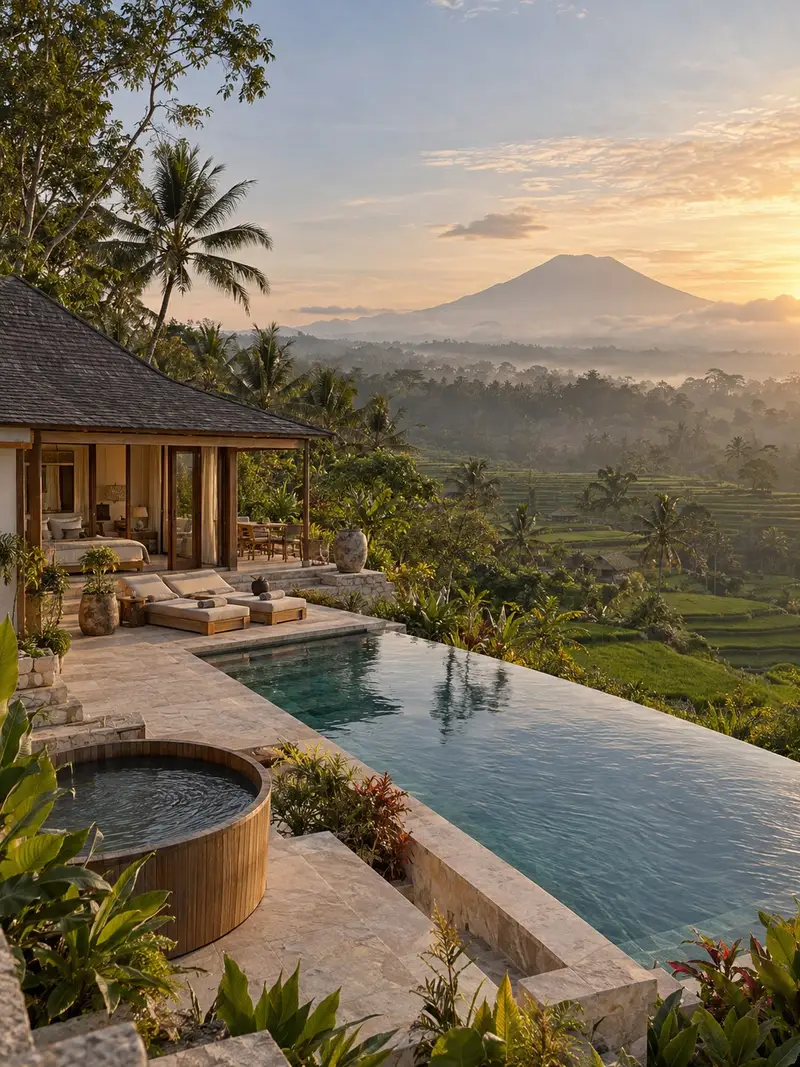 Omah Sidemen: a pool and wood-fired hot tub above terraced rice fields with Mount Agung beyond
