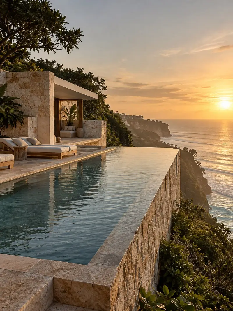 Rumah Batu: a limestone infinity pool dropping away to the ocean at golden hour