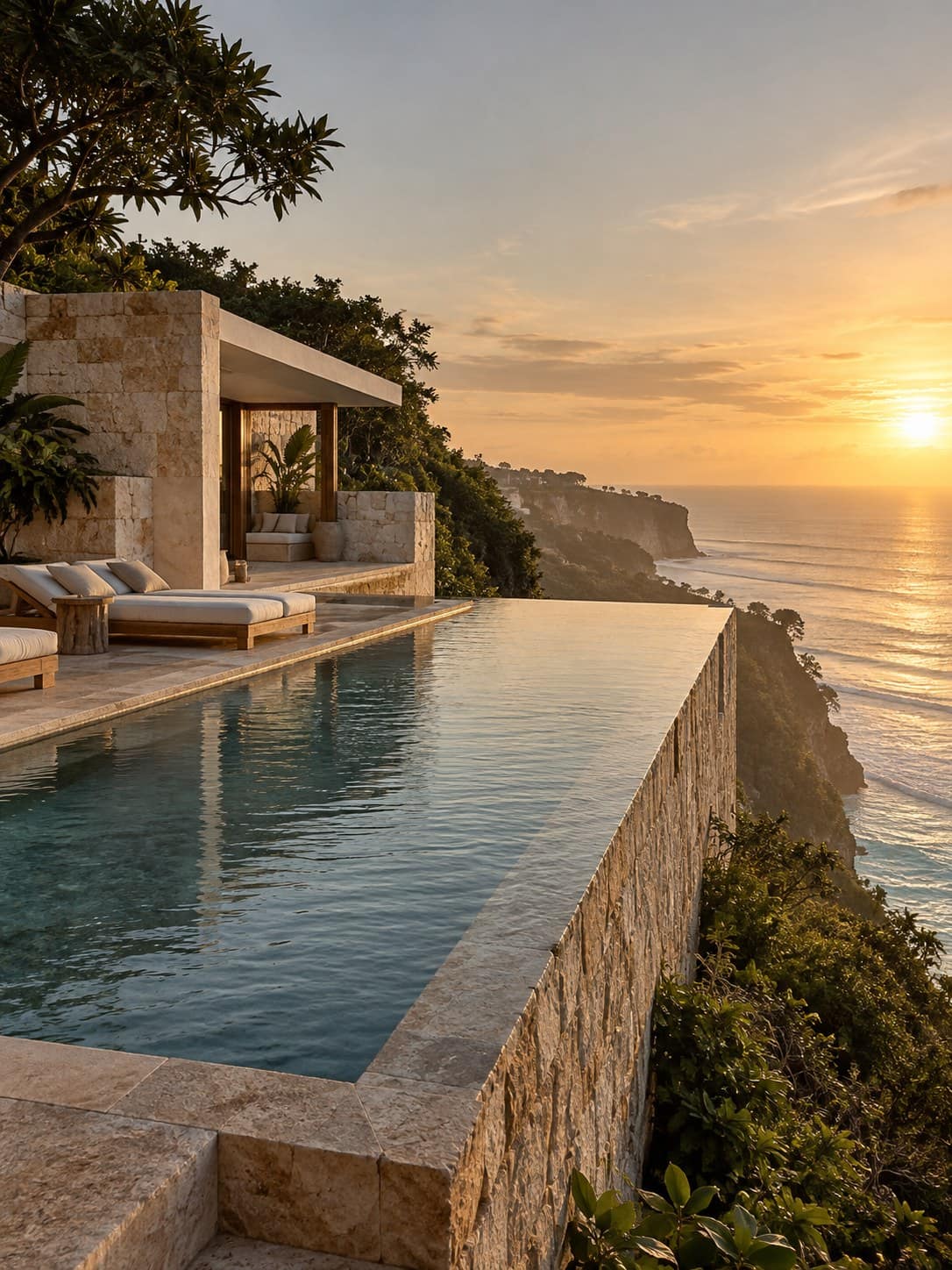 Rumah Batu: a limestone infinity pool dropping away to the ocean at golden hour