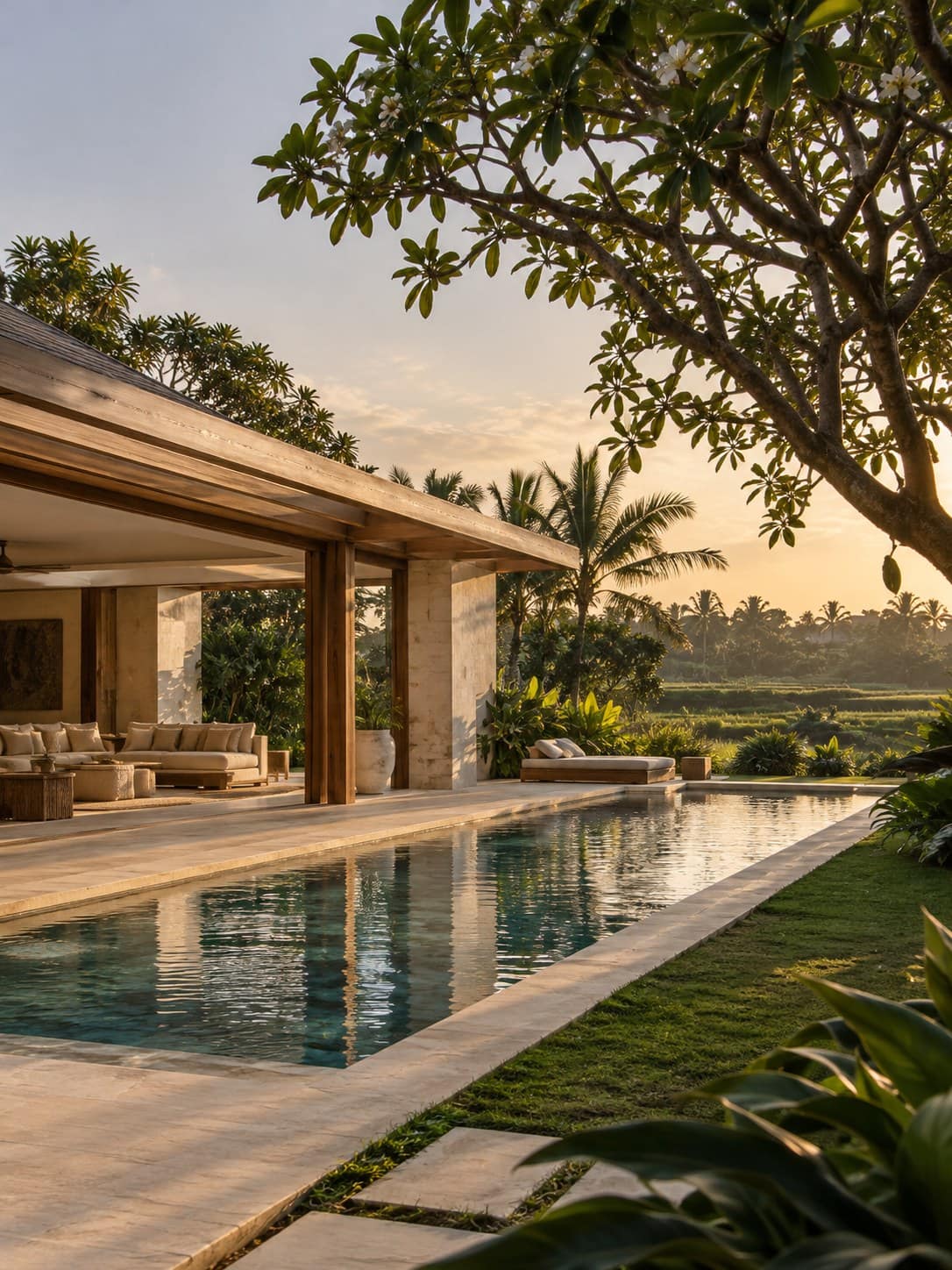 Villa Samsara: a teak and white plaster pavilion opening onto a long pool beside rice fields