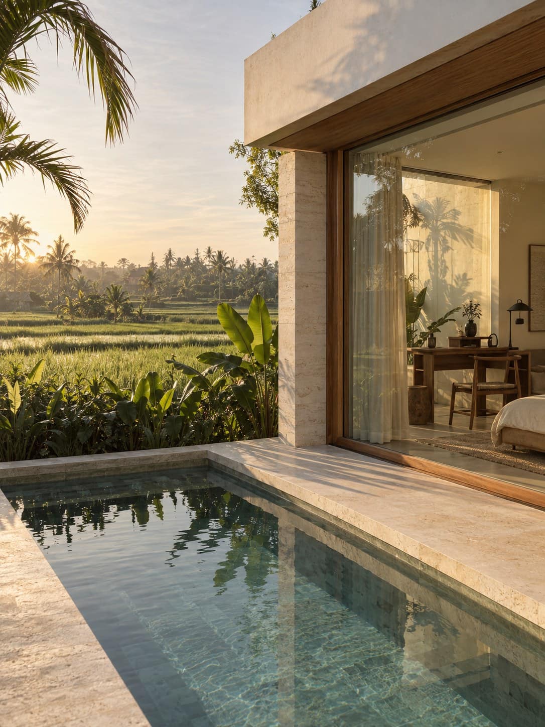 Sawah Studio: a plunge pool facing green rice fields, with a desk behind a glass wall