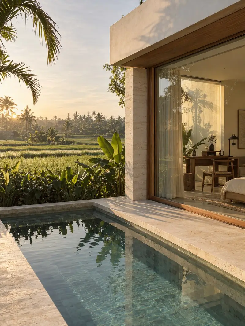 Sawah Studio: a plunge pool facing green rice fields, with a desk behind a glass wall