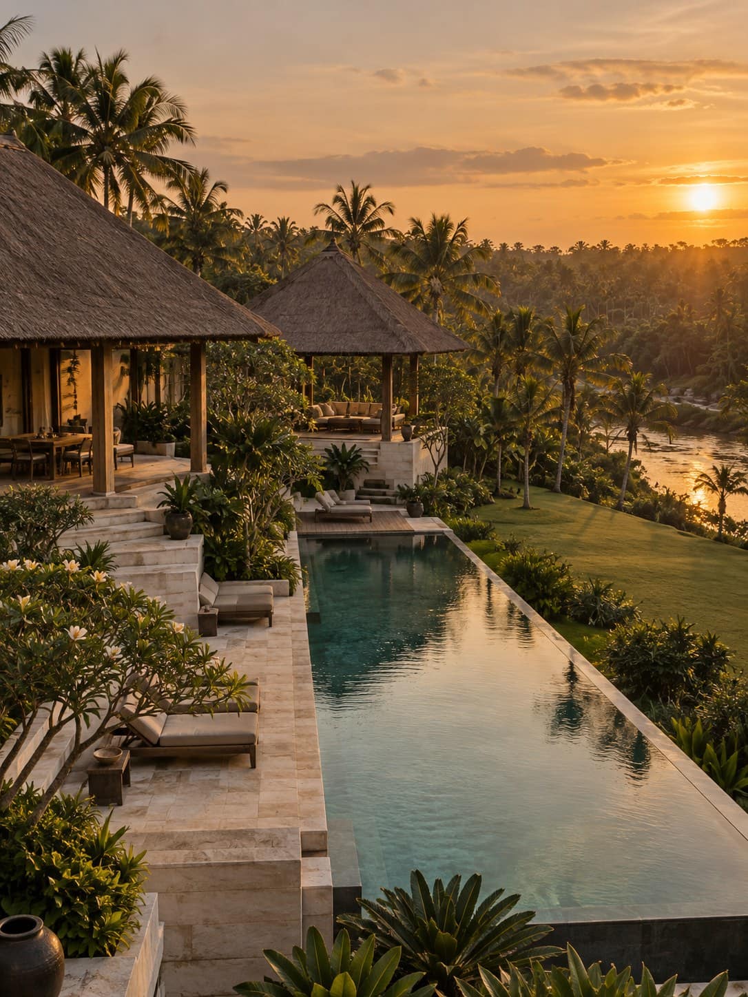Taman Sari Estate: thatched pavilions around a 20 metre pool in a wide tropical garden
